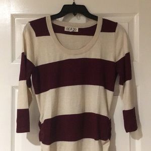 Burgundy and Cream 3/4 sleeve sweater.